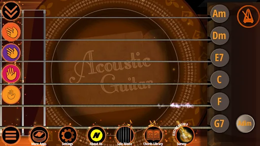 Acoustic guitar chord selector interface with Am, Dm, E7, C, F, G7 chord options and playback controls
