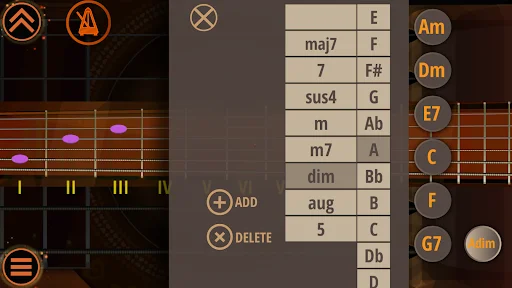 Chord selection menu with major, minor, seventh and suspended chord options and edit controls