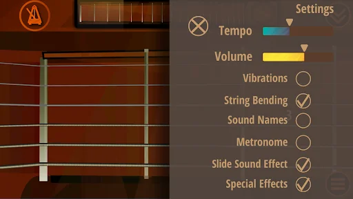 Settings panel with adjustable tempo and volume sliders, plus toggles for vibrations and sound effects