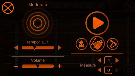 Moderato tempo mode interface featuring 117 BPM control, play button, and volume adjustment options