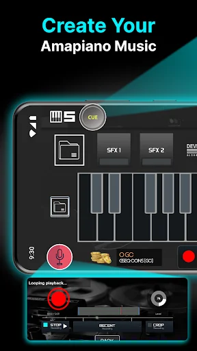 AmaPiano Beat Maker app main interface with virtual piano keyboard, sound effects buttons, and recording controls