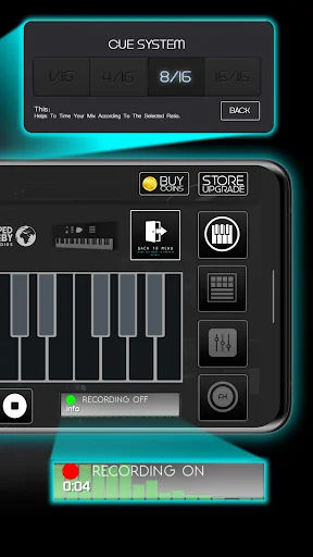 Music production interface showing cue system, recording status indicator, and virtual piano keys for beat making