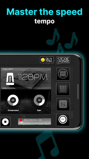 Tempo control screen showing 112 BPM metronome with speed adjustment and compression settings for beat timing