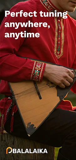 Balalaika tuner app hero image showing musician in traditional red clothing playing balalaika with 'Perfect tuning anywhere, anytime' tagline