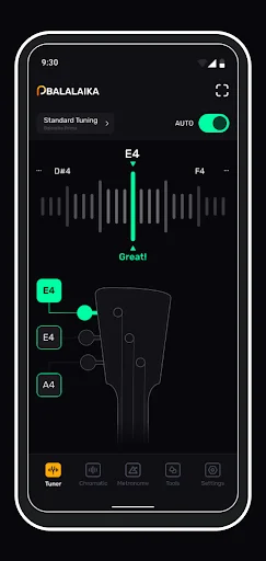Perfect Balalaika Tuner chromatic tuner interface displaying frequency visualization, note selection buttons E4 F4 A4, and string diagram