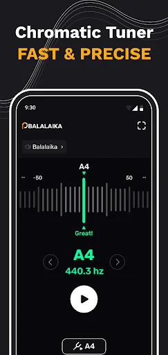 Chromatic tuner screen showing fast and precise tuning for A4 note at 440.3 Hz with frequency bars and play button