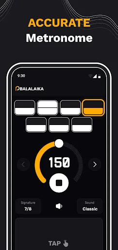 Accurate metronome feature with 150 BPM tempo, 7/8 time signature controls, and Classic sound effect selection