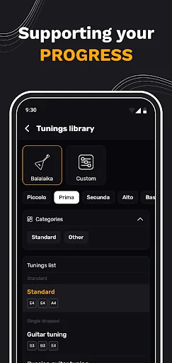 Tunings library supporting user progress with Balalaika and Custom tuning options, preset categories and tuning presets