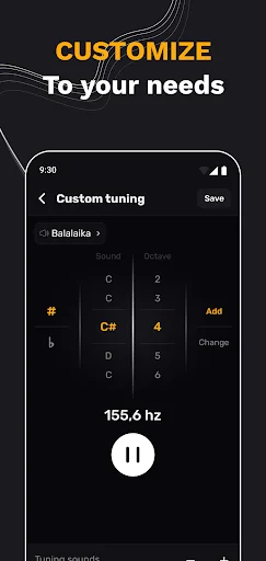 Custom tuning interface with piano keyboard layout and frequency adjustment controls tuned to 155.6 Hz