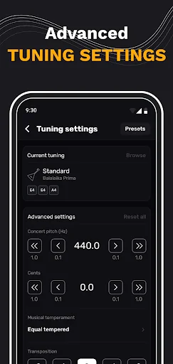 Advanced tuning settings screen with pitch correction in Hz and cent adjustment controls for precise balalaika intonation
