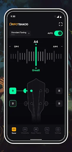 Banjo tuner standard tuning screen with frequency indicators, visual waveform meter showing 'Great!' status, and banjo diagram