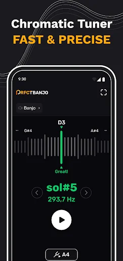 Chromatic tuner interface displaying D3 note and SOL#5 at 293.7 Hz with play button for precise tuning reference