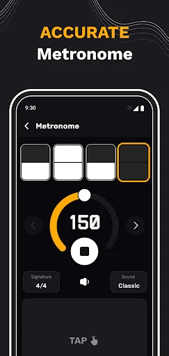 Metronome set to 150 BPM with 4/4 time signature, Classic sound option, and TAP button for rhythm practice