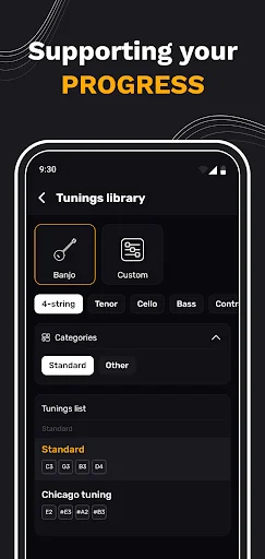 Tunings library with Banjo and Custom categories, showing Standard and Chicago preset tuning options for banjo