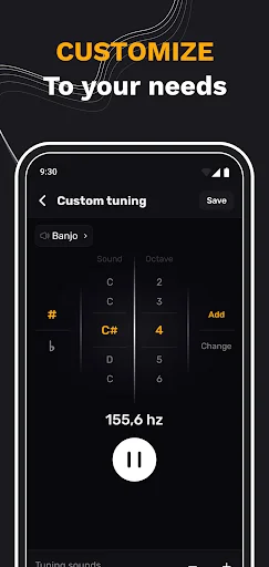 Custom tuning screen with note and frequency selector showing 155.6 Hz, Add and Change controls for custom banjo tuning