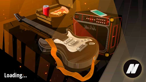 Bass Guitar Funk simulator loading screen with 3D bass guitar and amplifier studio