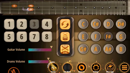 Bass Guitar Funk chord fretboard with musical note buttons and guitar volume controls