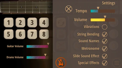 Bass Guitar Funk Settings menu with tempo, volume, vibrations, and audio effects options