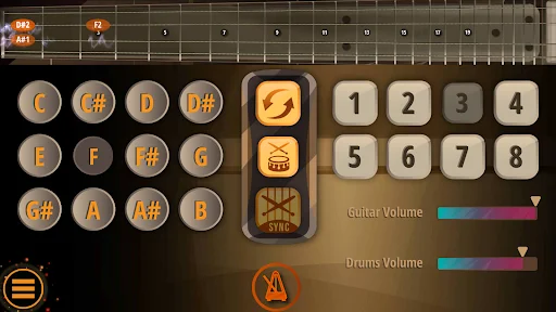 Bass Guitar Funk rotated chord interface with C-B note buttons and volume sliders