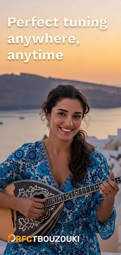 Woman playing bouzouki at sunset with 'Perfect tuning anywhere, anytime' text and Perfect Bouzouki app logo