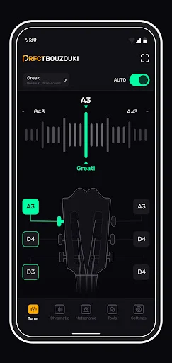 Bouzouki chromatic tuner displaying Greek tuning mode with frequency waveform, auto-tune toggle and string diagram