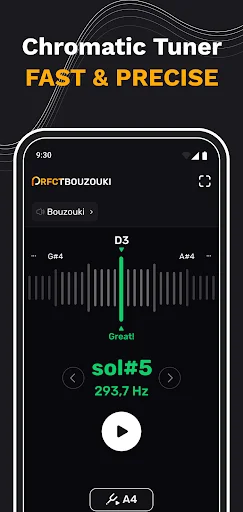 Chromatic tuner showing SOL#5 note at 293.7 Hz with green frequency indicator for fast and precise tuning