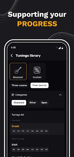 Tunings library displaying preset bouzouki options with Standard, Other and Open categories for musician progress