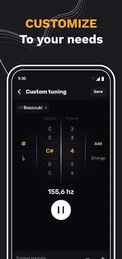 Custom tuning interface with note selection buttons, octave keys and live frequency display set to 155.6 Hz