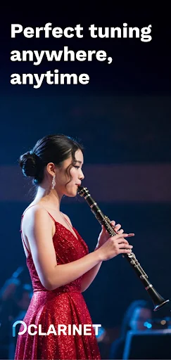 Perfect Clarinet Tuner app promotional image featuring a woman in a red dress playing clarinet with the tagline 'Perfect tuning anywhere, anytime'