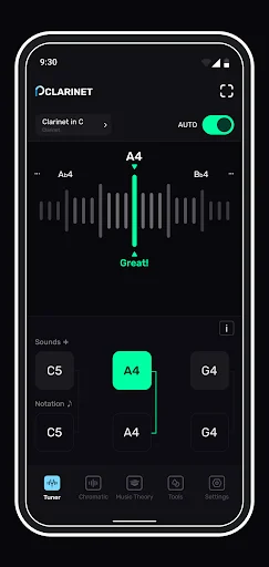 Perfect Clarinet Tuner chromatic tuner interface showing current note A4 with frequency waveform indicator, green centered needle, and sound button options for C5, A4, and G4