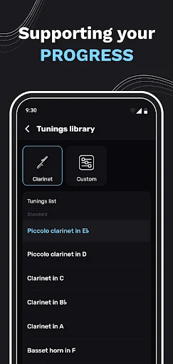 Tunings library menu showing preset tuning options including Piccolo clarinet, Clarinet in C and Bb, and Bassett horn with custom tuning settings
