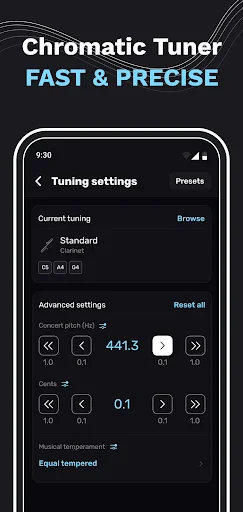 Tuning settings interface with standard tuning option selected, advanced settings for pitch correction at 441.3 Hz, and cents adjustment controls for clarinet