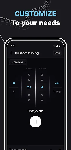Custom tuning interface for Perfect Clarinet Tuner allowing users to select individual notes with frequency display at 155.6 Hz and audio playback button