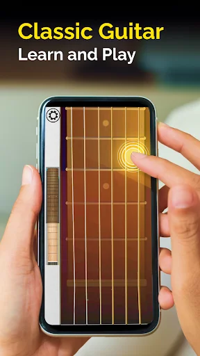 Classic Guitar Learn and Play app showing realistic guitar fretboard interface with finger positioned on string