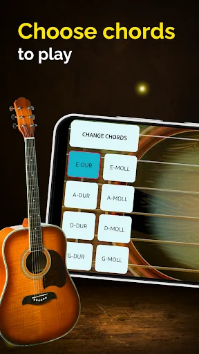 Classic Guitar app chord selection menu displaying major and minor chords like C-DUR, E-MOLL, A-DUR for practice