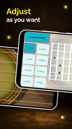 Guitar learning app chord adjustment interface with customizable chord buttons and fretboard view for beginners