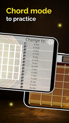 Guitar chord practice mode showing comprehensive chord list from E-dur to E♭-dur for skill development