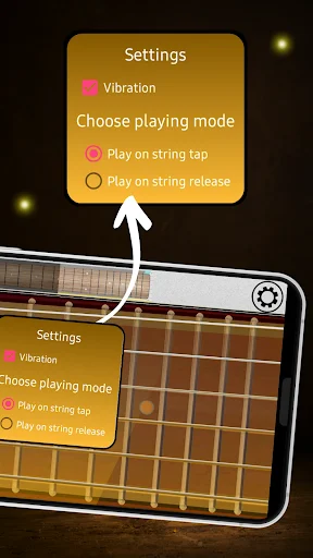 Classic Guitar app settings menu with vibration toggle and playing mode options for personalized experience