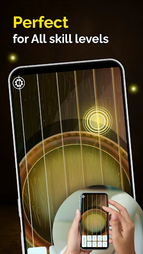 Guitar simulator app perfect for all skill levels showing realistic fretboard with finger placement guide
