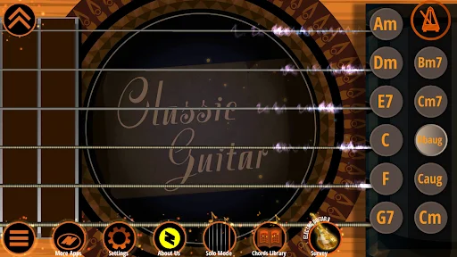 Classic Guitar app main interface with wooden guitar body, fretboard grid, chord selector buttons (Am, Dm, E7, etc.), and playback controls