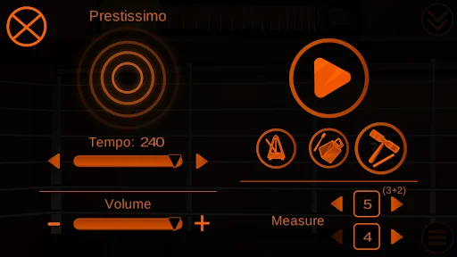 Metronome settings screen showing tempo at 240 BPM with play button, tempo slider, volume control, and measure selector