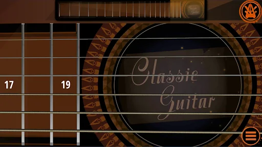 Split-view guitar interface showing fretboard frets 17 and 19 on left side and wooden guitar body on right