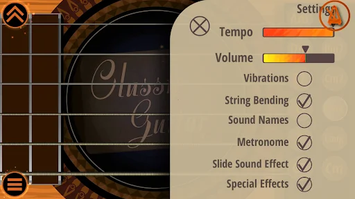 Settings menu with toggles for Tempo, Volume, Vibrations, String Bending, Sound Names, Metronome, Slide Effects, and Special Effects