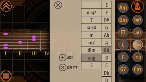 Chord selection menu displaying chord options (maj7, 7, sus4, m, m7, dim, aug, 5) with ADD and DELETE buttons for custom chords