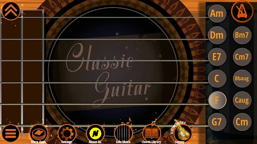 Classic Guitar free play mode with wooden guitar body design, fretboard, chord selector buttons, and audio playback controls