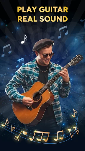 Learn Guitar app hero screen featuring musician playing acoustic guitar with real sound playback and animated music notes