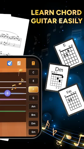 Guitar chord learning interface showing interactive fretboard and chord diagrams for C, Dm, Em, Am, and Bm chords