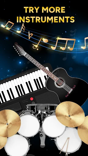 Multi-instrument learning screen displaying keyboard, piano, acoustic guitar, electric guitar, and drum kit options