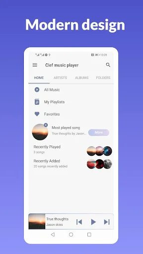 Music Player Mp3 Offline app home screen showing modern design with navigation menu, playlists, recently played tracks
