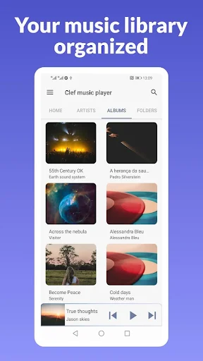 Music library interface displaying organized album covers in grid view with artist names and song titles for offline mp3